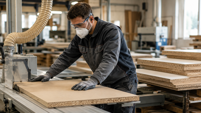 Medewerker bewerkt plaatmateriaal in een houtbewerkingsbedrijf met persoonlijke beschermingsmiddelen als illustratie bij de nieuwe REACH-regels voor formaldehyde.